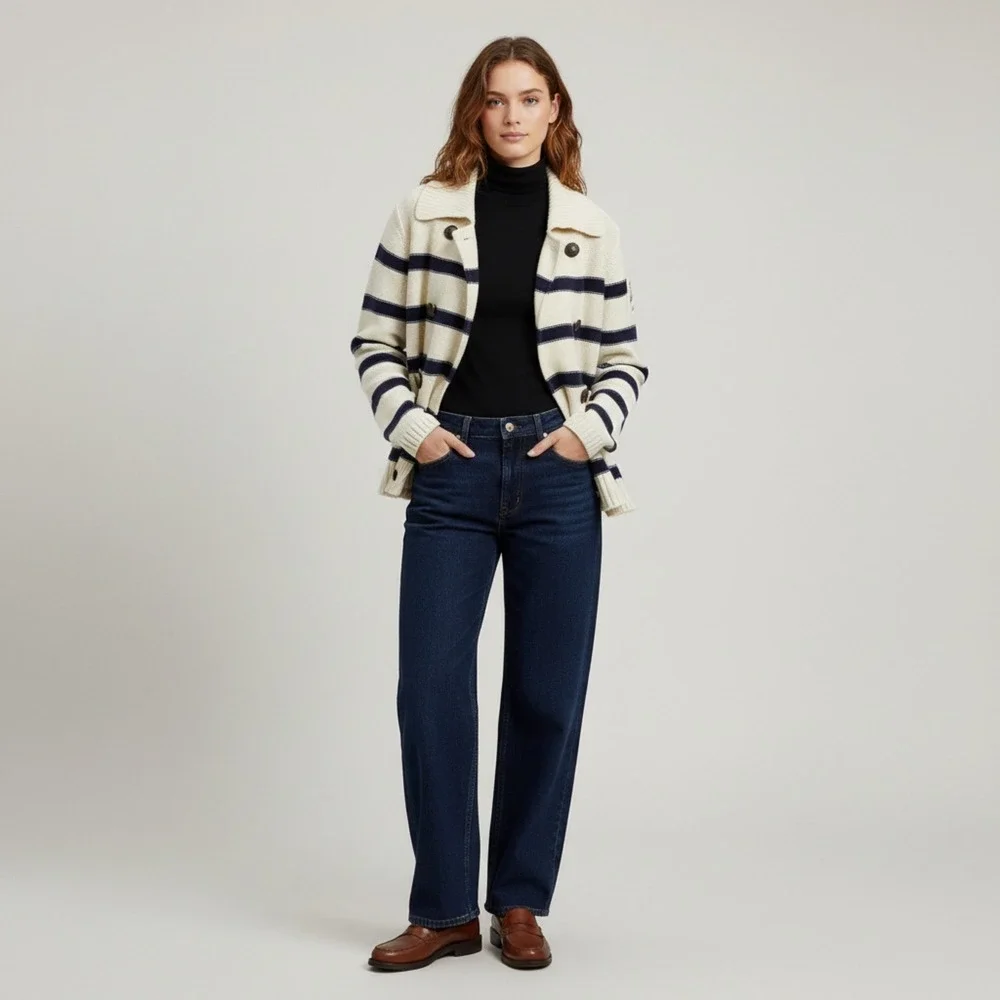 LRL Ralph Lauren Nautical Stripe Double Breasted Cardigan L 100% Cotton Preppy - Picture 2 of 11